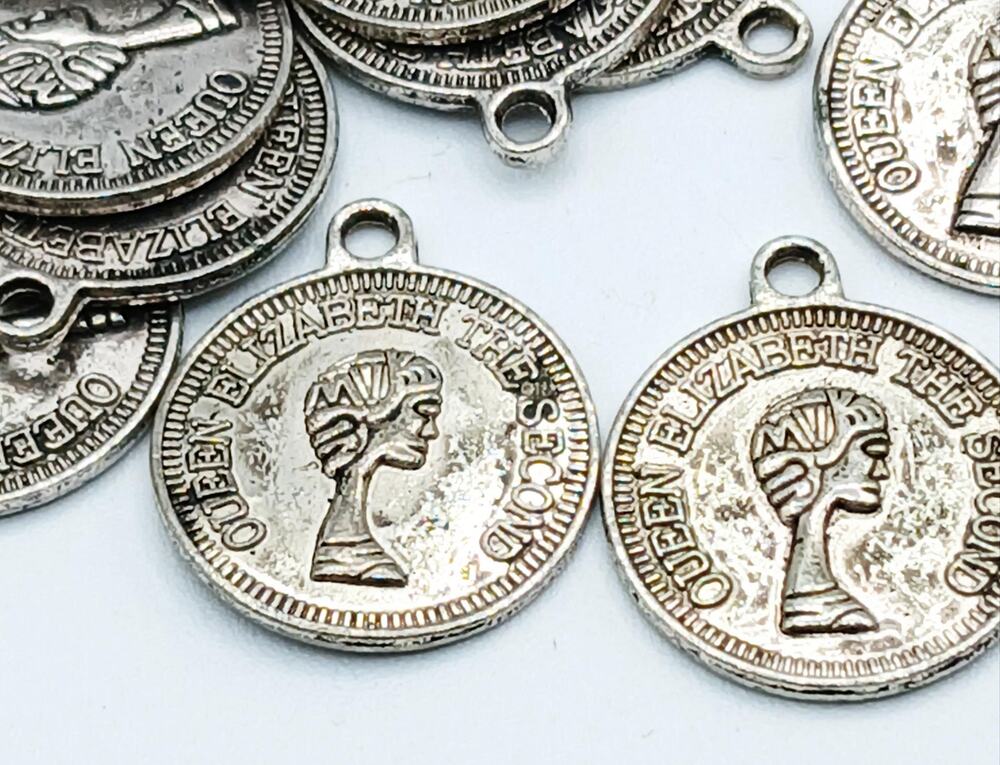 Antique Silver Tone Queen Elizabeth the Second Coin Charms 21pcs
